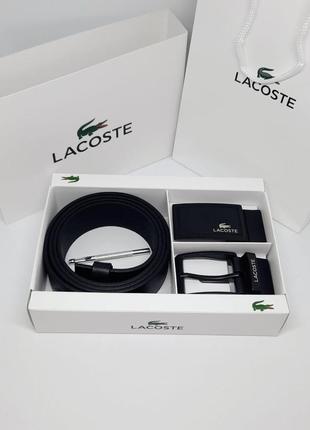 Мужской ремень из натуральной кожи две пряжки. черный ремень лакосте. подарок мужчине lacoste