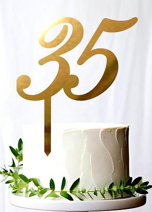 Золотий топпер "цифра 35" 11х9cм напис із дзеркального полістиролу топер пластик фігурка на торт у квіти