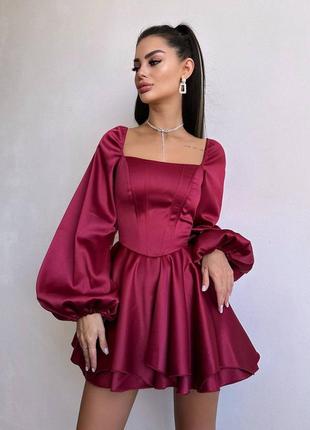 Женское праздничное нарядное короткое платье мини аталасное с длинными рукавами вечерняя бордовое6 фото