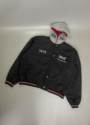 Вінтажний чорний оверсайз бомбер everlast, з капюшоном, еверласт, вінтаж, оригінал, з лого, логотип, куртка, вітрівка