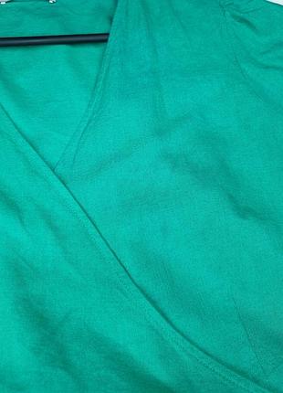 Зелена лляна сукня на запах натуральна7 фото