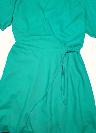 Зелена лляна сукня на запах натуральна4 фото