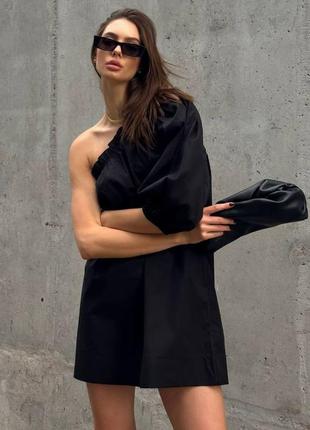 Черное короткое платье 100% хлопок на одно плечо свободного кроя