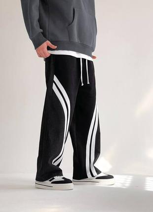 Мужские качественные широкие комбинированные брюки трубы с белыми полосками джинс и трехнитка5 фото