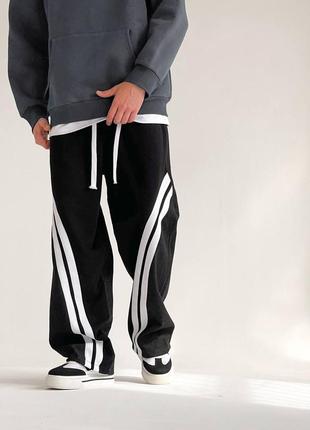 Мужские качественные широкие комбинированные брюки трубы с белыми полосками джинс и трехнитка1 фото