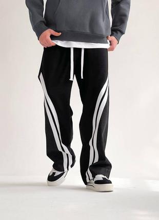 Мужские качественные широкие комбинированные брюки трубы с белыми полосками джинс и трехнитка6 фото