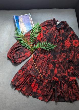 Красивое короткое шифоновое платье оверсайз oversized в цветочный принт