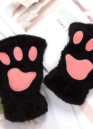 Рукавиці мітенки без пальців хутряні "котячі лапки" (кішка, квадробіка) чорний, унісекс wuke one size