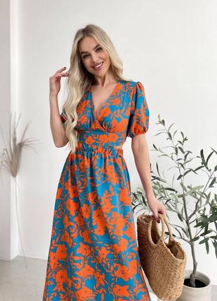 Голубое оранжевое женское платье миди в цветочный принт на запах женское прогулочное нежное длинное платье в цветы