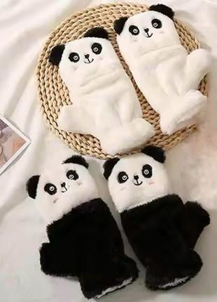Варежки митенки 2 в 1 теплые меховые панда (teddy, тедди, медведь, мишка), унисекс wuke one size