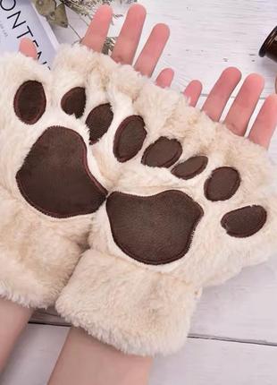 Перчатки митенки без пальцев меховые "кошачьи лапки" (кошка, квадробика) бежевый, унисекс wuke one size