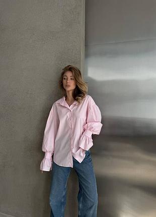 Рубашка из коттона рукава манжеты клеш на пуговицах свободная рубашка голубая зеленая розовая белая блуза трендовая стильная