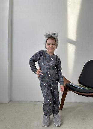 Костюм детский с начесом теплый с принтом кофта брюки на высокой посадке качественный стильный серый зеленый