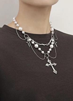 Ожерелье унисекс с крестом и звездами в стиле y2k готика