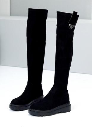 Черные демисезонные стрейчевые ботфорты