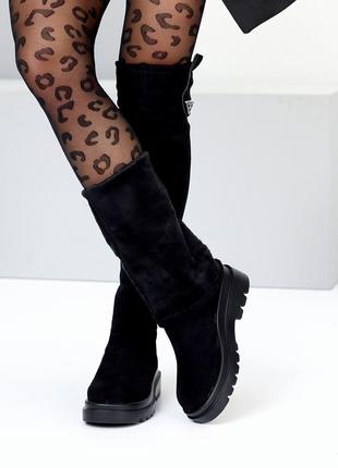 Черные демисезонные стрейчевые ботфорты