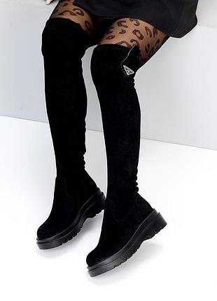 Черные демисезонные стрейчевые ботфорты