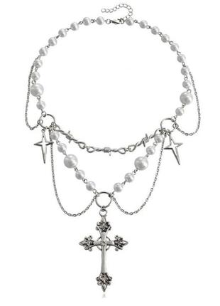 Ожерелье унисекс с крестом и звездами в стиле y2k готика5 фото