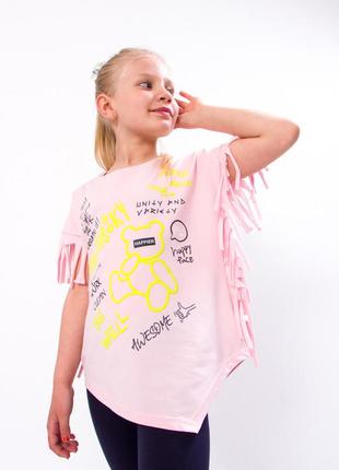Стильный летний комплект для девочек тресы и футболка, костюм на лето туника в велосипедки, футболка с бахромой8 фото