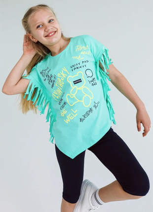 Стильный летний комплект для девочек тресы и футболка, костюм на лето туника в велосипедки, футболка с бахромой4 фото
