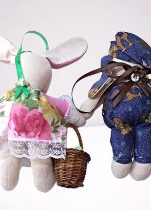 Пара кроликов тильда 20 см, интерьерные текстильные куклы, ручная работа