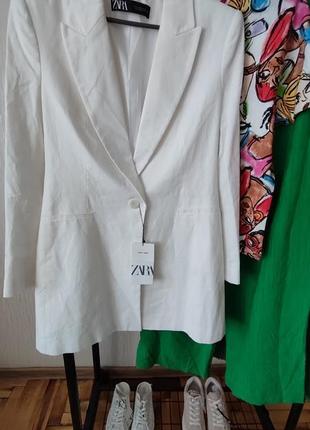 Білий подовжений піджак із змішаного льону zara розмір м оригінал new collection10 фото