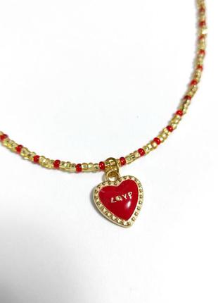 Чокер золотой красный сердце украшено на шею2 фото