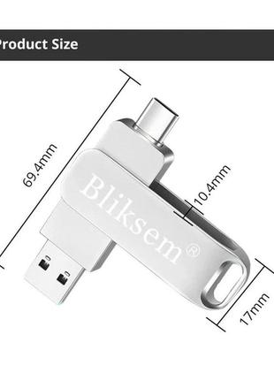 Флеш накопитель bliksem 64 гб 3в1 usb 2.0 + type-c + usb micro, флешка тайпси, подходит для смартфона и пк2 фото