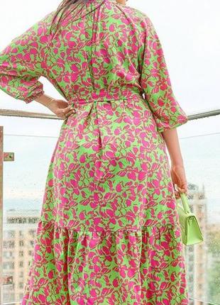 Плаття-сорочка жіноче довге, з ґудзиками, з текстильним поясом, батал, квіткове, салатове4 фото