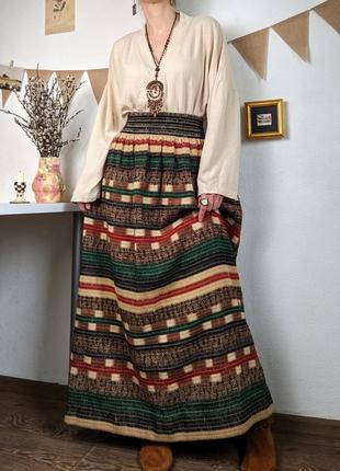 Юбка этно бохо стиль шерсть вязанная плетёная индеец хиппи полоска орнамент узор на резинке m l xl длинная макси винтажная в пол пышная