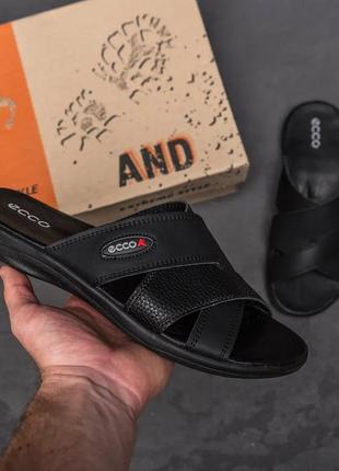 Мужские кожаные летние шлепанцы-сланцы e-series black