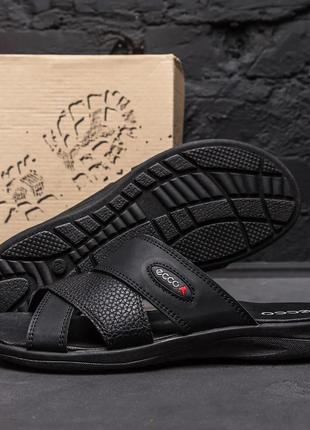 Мужские кожаные летние шлепанцы-сланцы e-series black