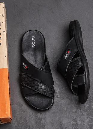 Мужские кожаные летние шлепанцы-сланцы e-series black