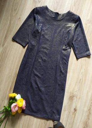 Сукня футляр синя фактурне плаття карандаш миди святкове в квіточку4 фото