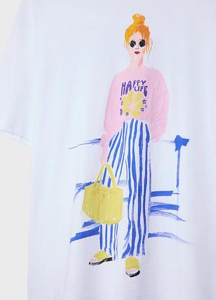 Футболка oversize оверсайз белая белого цвета с принтом рисунком девушка stradivarius страдивариус в стиле зара zara