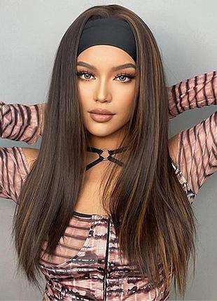 Парик прямой средней длины с повязкой на сетке коричневый (lc001)