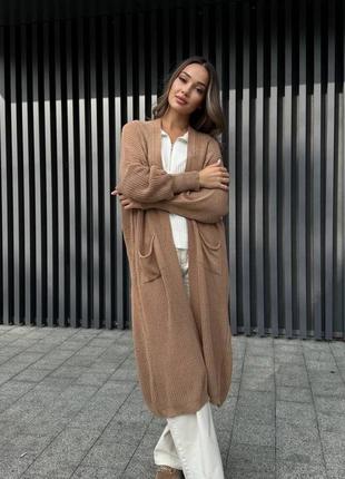 Кардиган женский вязаный в стильные олд мани свободного кроя с карманами качественный стильный повседневный коричневый бежевый
