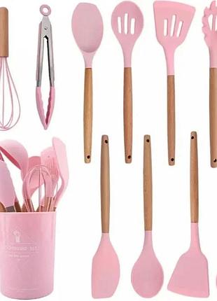 Набір кухонного приладдя силікон 12 предметів kitchen set кухонний набір в склянці rd-1204 рожевий