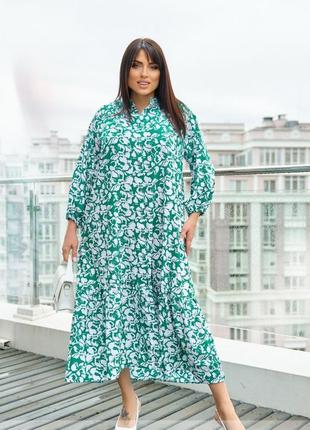 Платье - рубашка женское длинное, с пуговицами, с текстильным поясом, батал, цветочное, зеленое2 фото