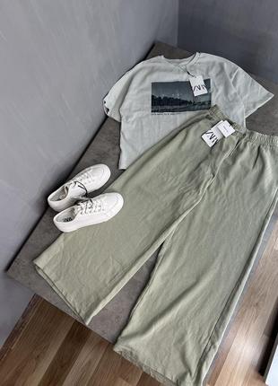 Zara футболка брюки клеш, натуральная ткань, можно комплект костюм