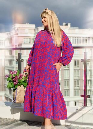 Плаття-сорочка жіноче довге, з ґудзиками, з текстильним поясом, батал, квітковий, електрик4 фото