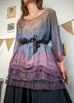 Блуза шовк італія фіолетовий синій градієнт об'ємна мережива, вільна бохо-стиль богемний