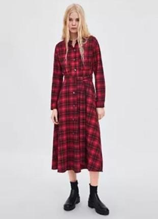 Теплое коттоновое платье рубашка в клетку zara