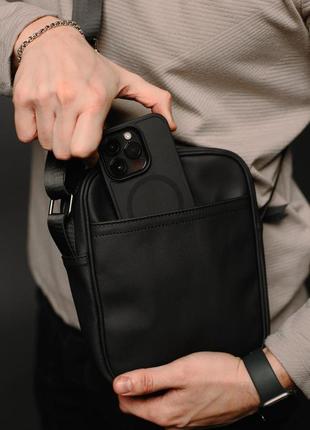 Сумка-мессенджер із натуральної шкіри, сумка через плече чоловіча skill light (чорна)6 фото