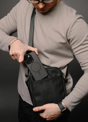 Сумка-мессенджер із натуральної шкіри, сумка через плече чоловіча skill light (чорна)5 фото