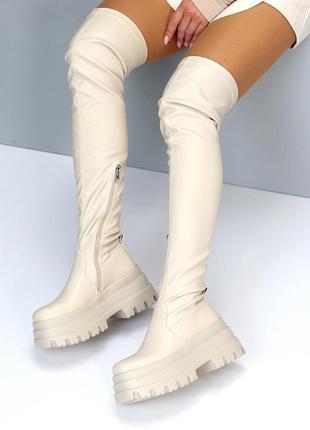 Ультра модные бежевые эластичные высокие ботфорты стрейч на платформе