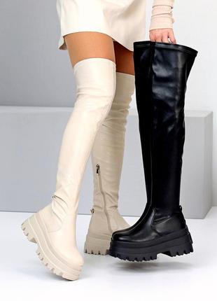 Ультра модные бежевые эластичные высокие ботфорты стрейч на платформе