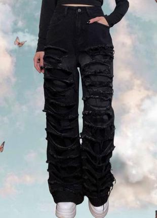 Новые широкие y2k джинсы с потертостями и дырками на высокой посадке из плотного денима
