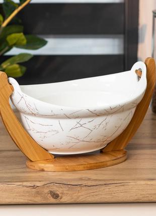 Ваза для фруктов белая керамическая 31.5×18.5×17.5 см фруктовница на деревянной подставке gl-55