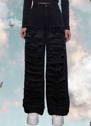 Новые широкие y2k джинсы с потертостями и дырками на высокой посадке из плотного денима3 фото